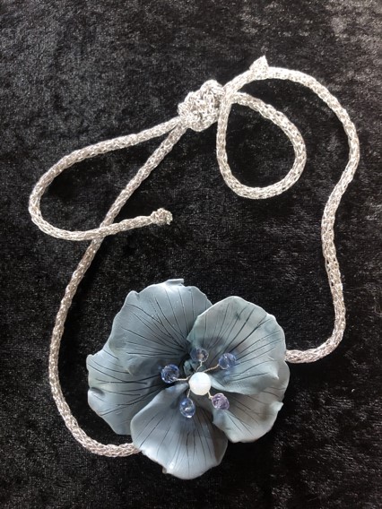 Soft Grey Polymer Clay Hibiscus Flower Pendant Necklace